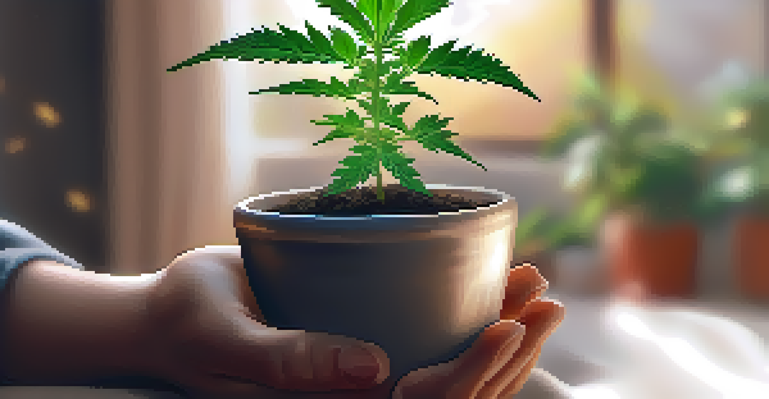 Close-up of hands holding a small cannabis plant, with a cozy indoor background symbolizing acceptance of marijuana in mental health treatment.
