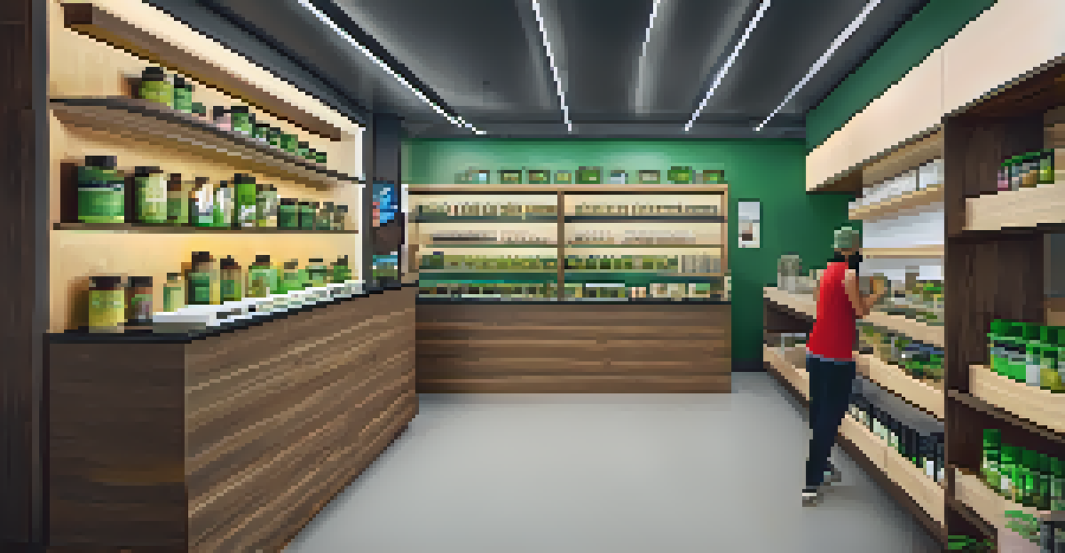 The interior of a marijuana dispensary with product displays and a staff member assisting a customer.