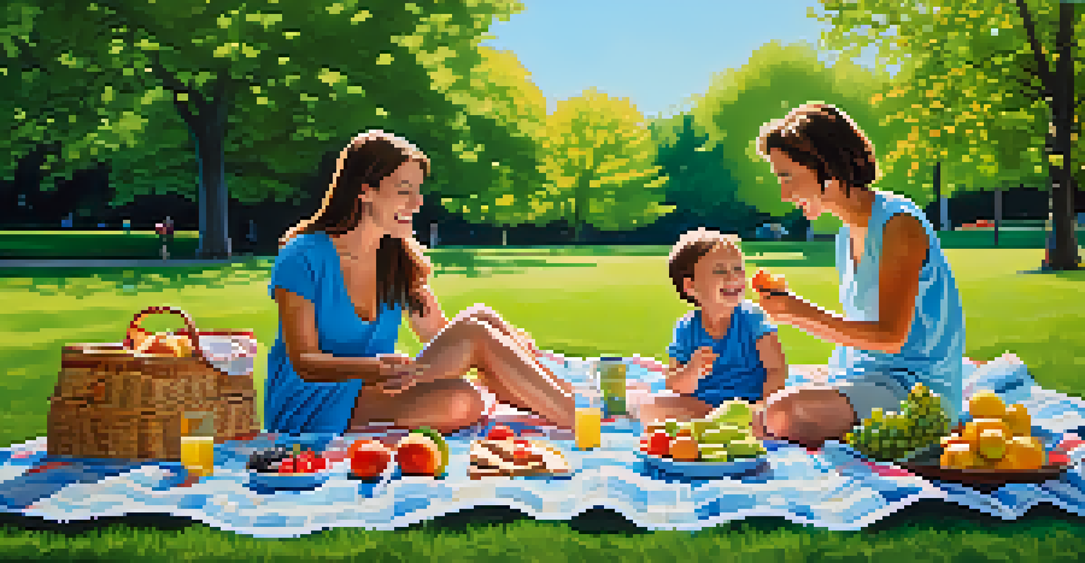 A parent and child enjoying a picnic together in a sunny park, surrounded by greenery.