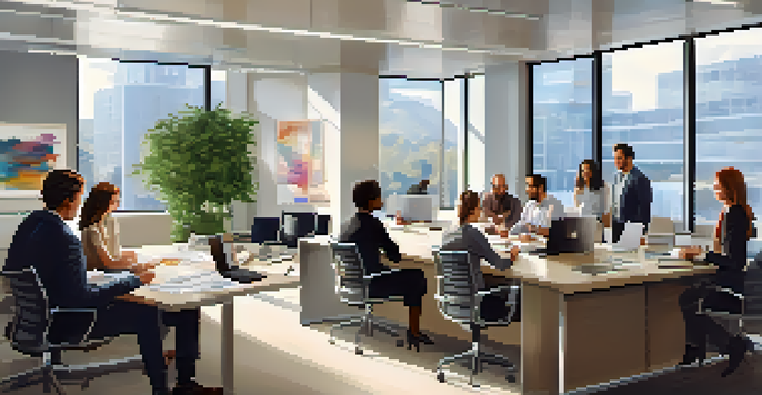 A diverse group of employees in a bright, modern office discussing drug testing policies around a conference table.