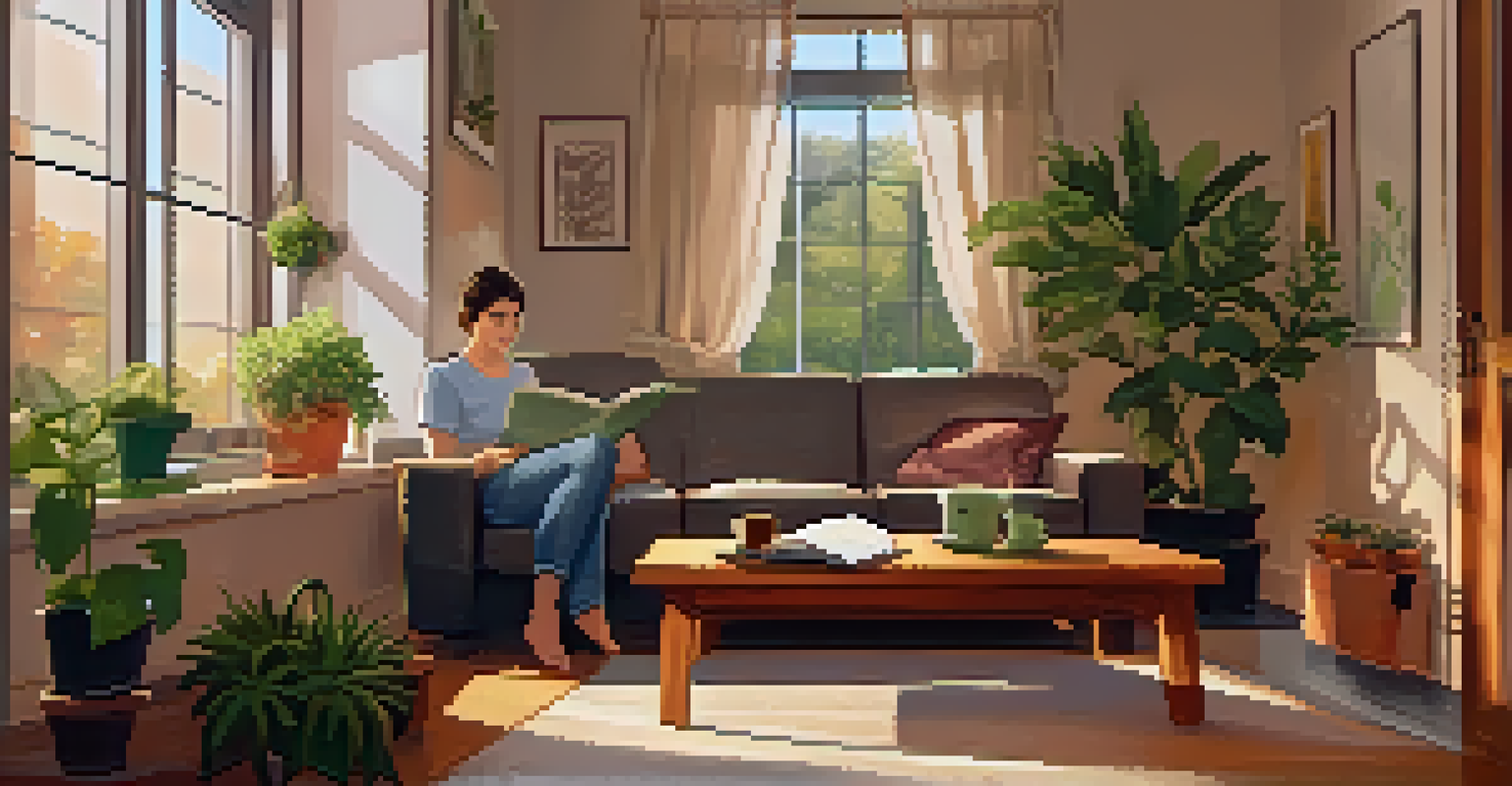 A young adult sitting on a couch in a cozy living room, reflecting with a journal and a cup of tea, symbolizing self-reflection.