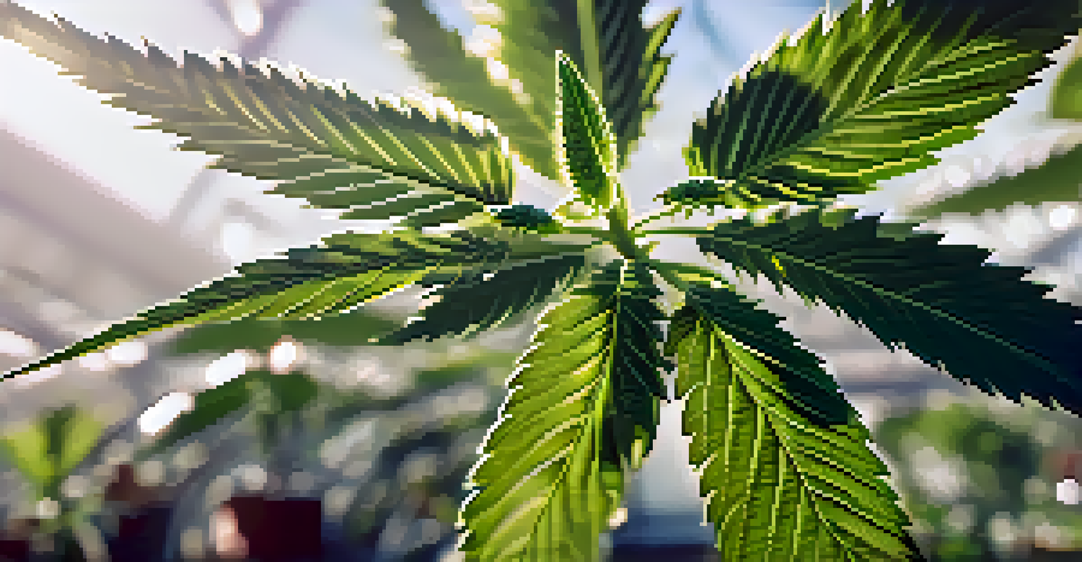 A detailed view of a cannabis plant in a greenhouse, illuminated by sunlight with soft shadows.