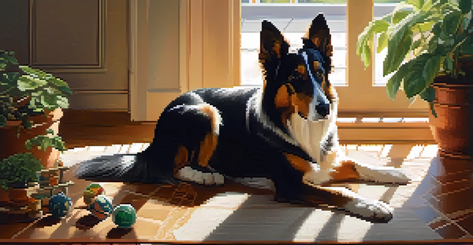 A relaxed dog lying on a soft rug in a sunlit room with plants and toys around it.