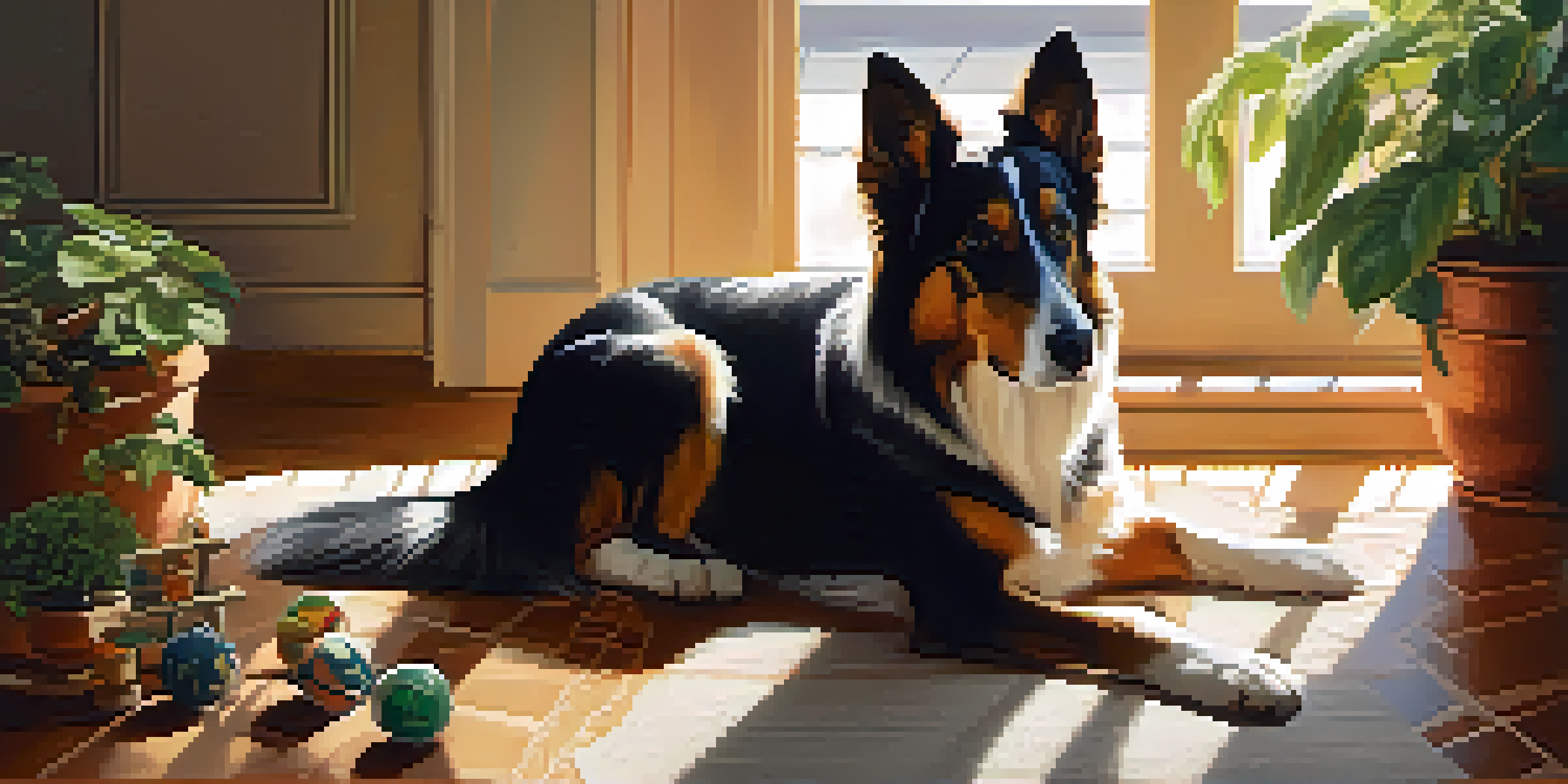 A relaxed dog lying on a soft rug in a sunlit room with plants and toys around it.