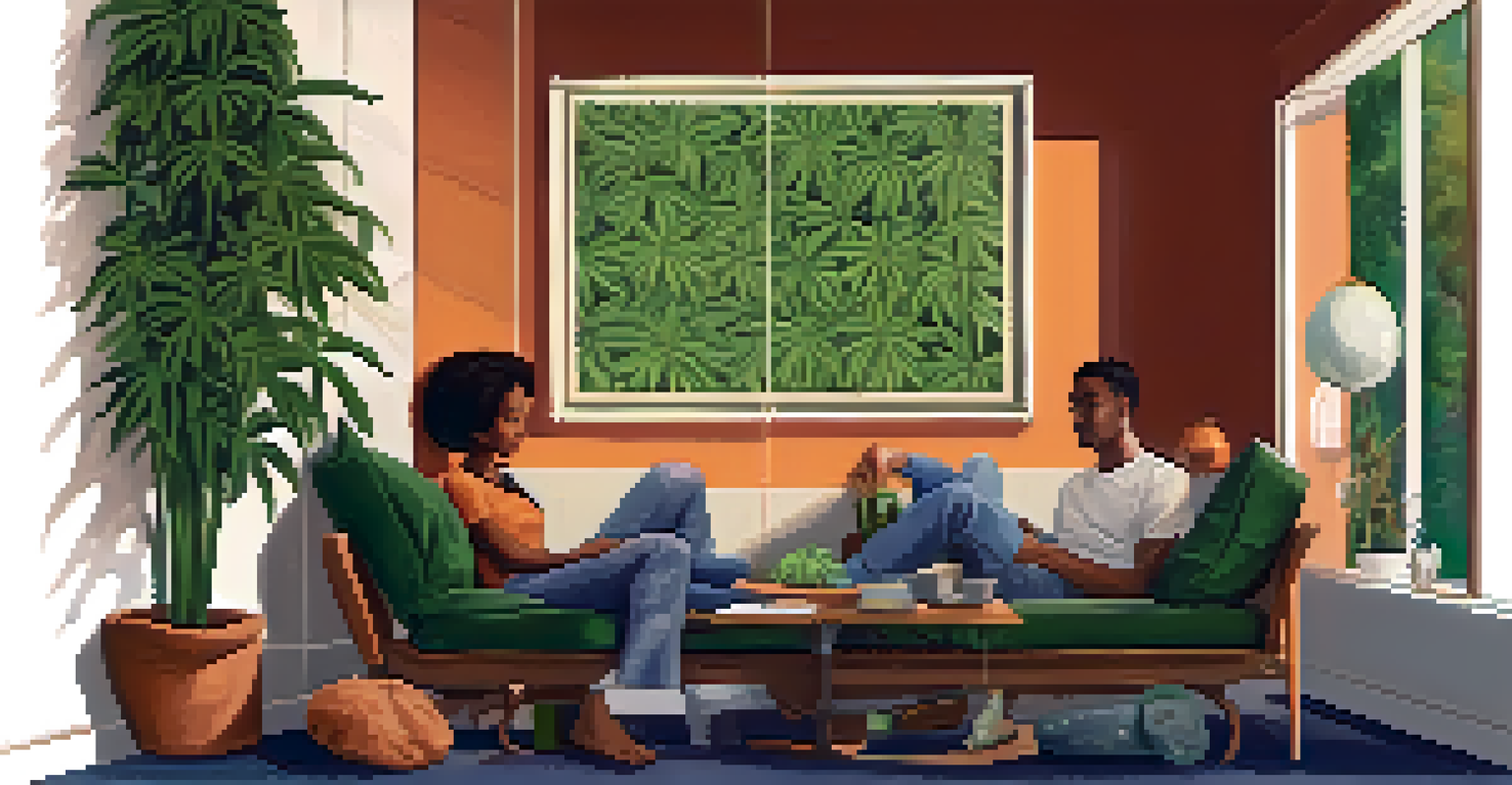 A split image showing a woman indoors contemplating marijuana use and a man outdoors enjoying with friends.