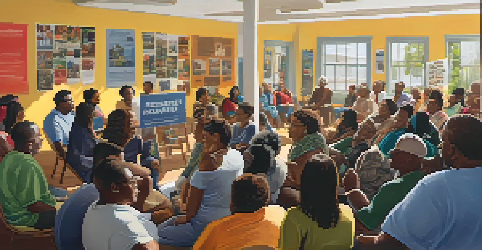A diverse group of residents engaged in discussion during a community meeting focused on social justice initiatives in a bright community center.