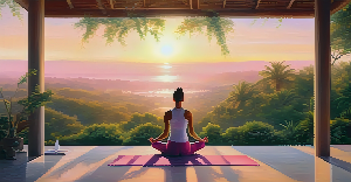 A person doing yoga at sunrise in a peaceful outdoor setting surrounded by green plants.