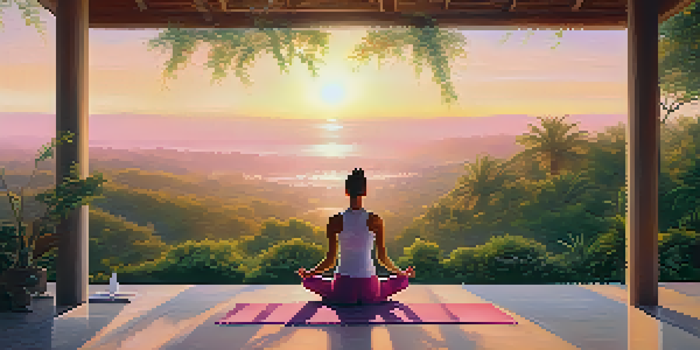 A person doing yoga at sunrise in a peaceful outdoor setting surrounded by green plants.