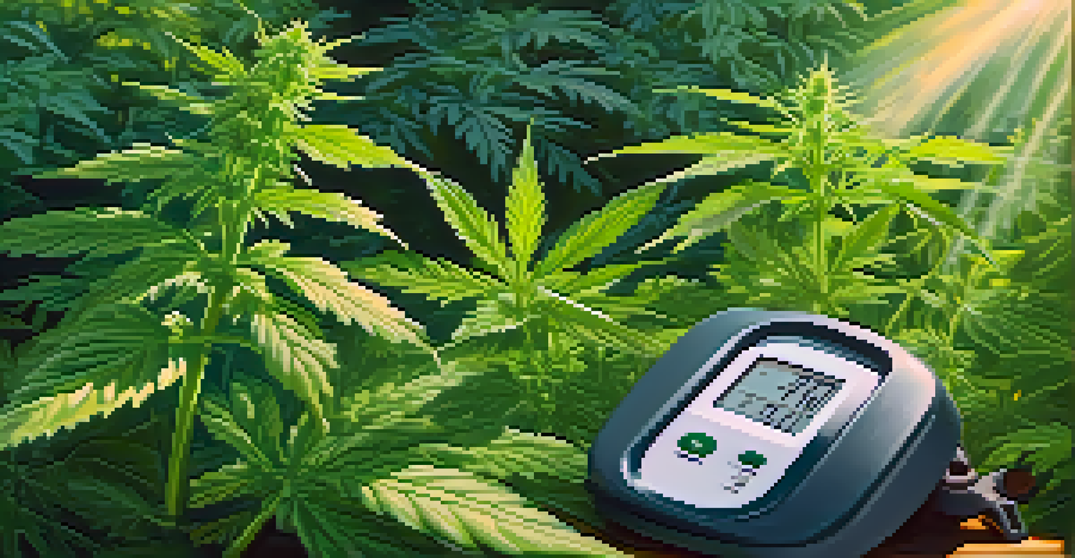 A close-up view of healthy cannabis plants with vibrant green leaves and sunlight filtering through them, alongside a pH meter.