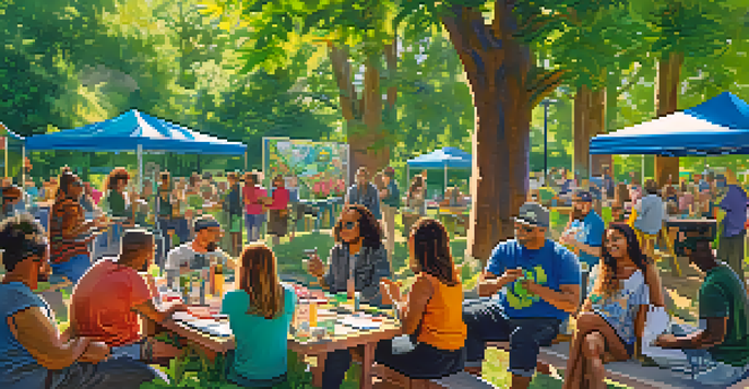 A lively community gathering in a park with people participating in a cannabis education workshop under sunlight.