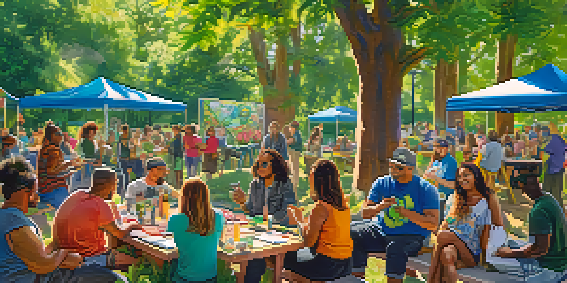 A lively community gathering in a park with people participating in a cannabis education workshop under sunlight.