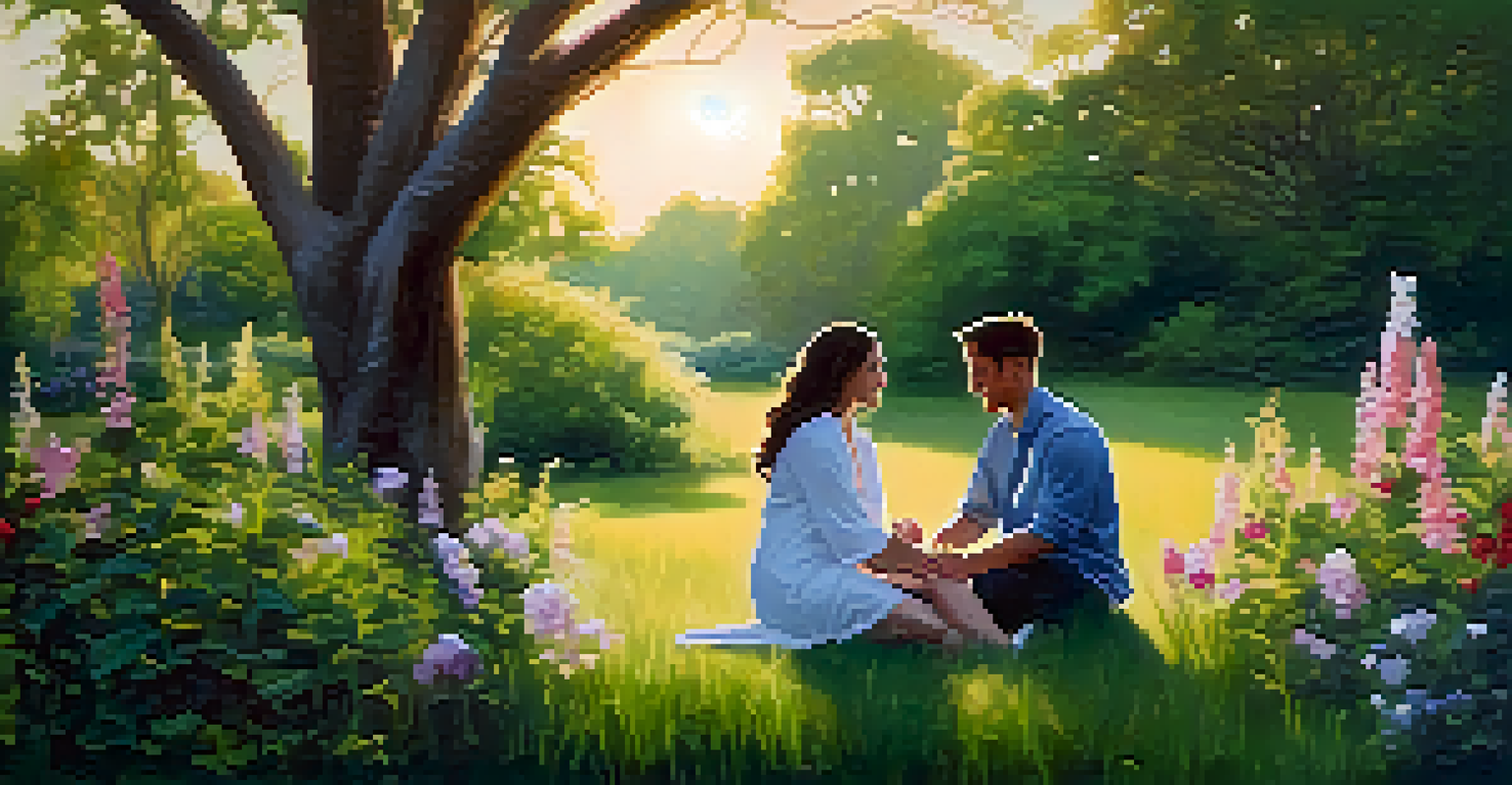 A couple having a heartfelt conversation in a beautiful garden during golden hour, representing emotional support.