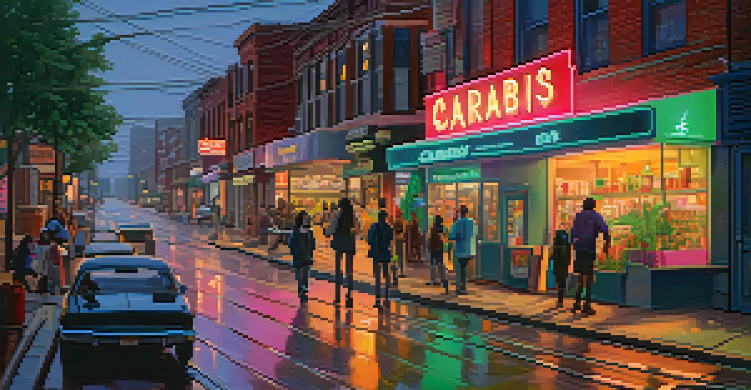 A cityscape at dusk featuring a neon cannabis dispensary sign with busy streets and vibrant storefronts.