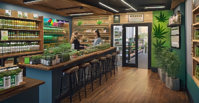 A busy cannabis dispensary with diverse customers and budtenders, featuring colorful cannabis products and educational posters.