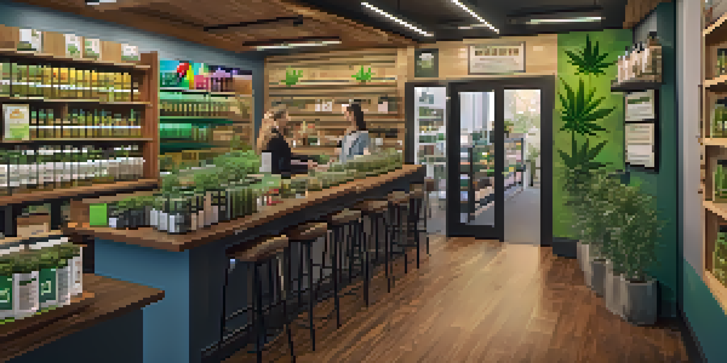 A busy cannabis dispensary with diverse customers and budtenders, featuring colorful cannabis products and educational posters.