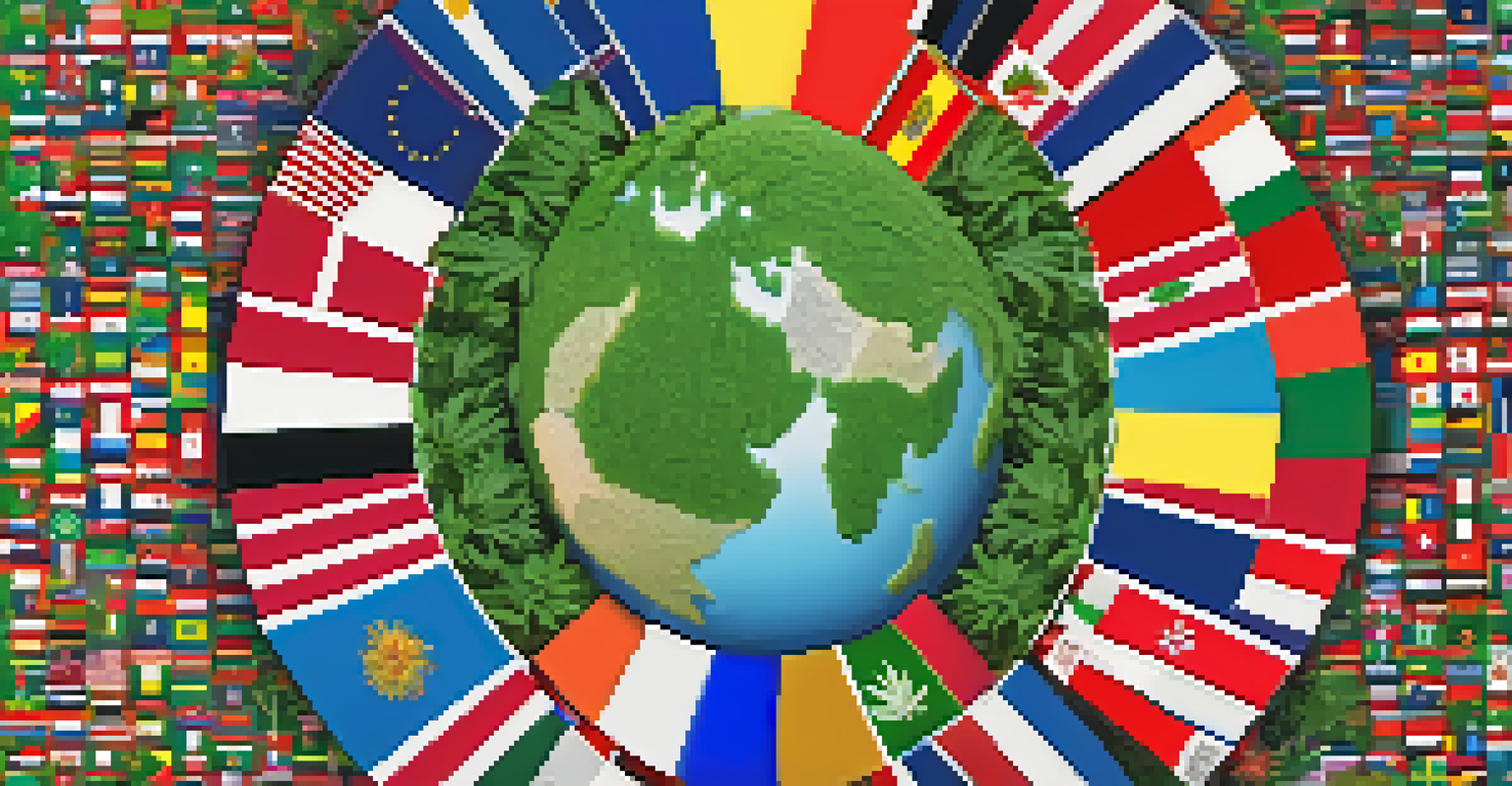 A globe surrounded by national flags representing international cannabis legalization discussions, with a textured cannabis leaf background.