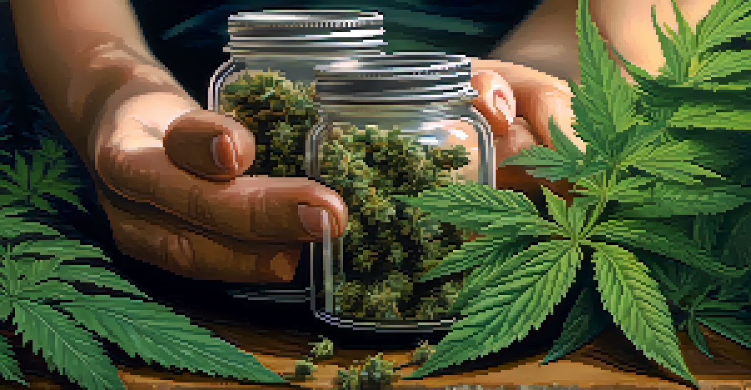 A hand holding a jar of different cannabis strains against a background of green plants.