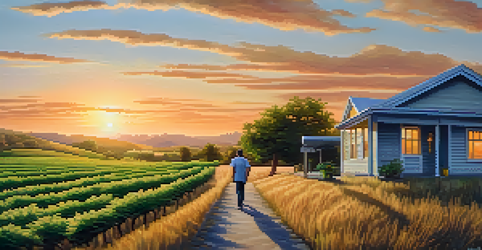 A peaceful rural landscape featuring a patient walking towards a distant dispensary, with rolling hills and a sunset creating a hopeful atmosphere.