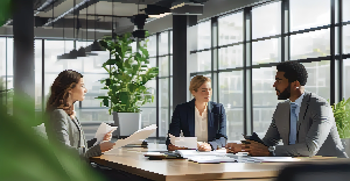 A diverse group of professionals discussing in a well-lit office workspace with plants and a modern aesthetic.