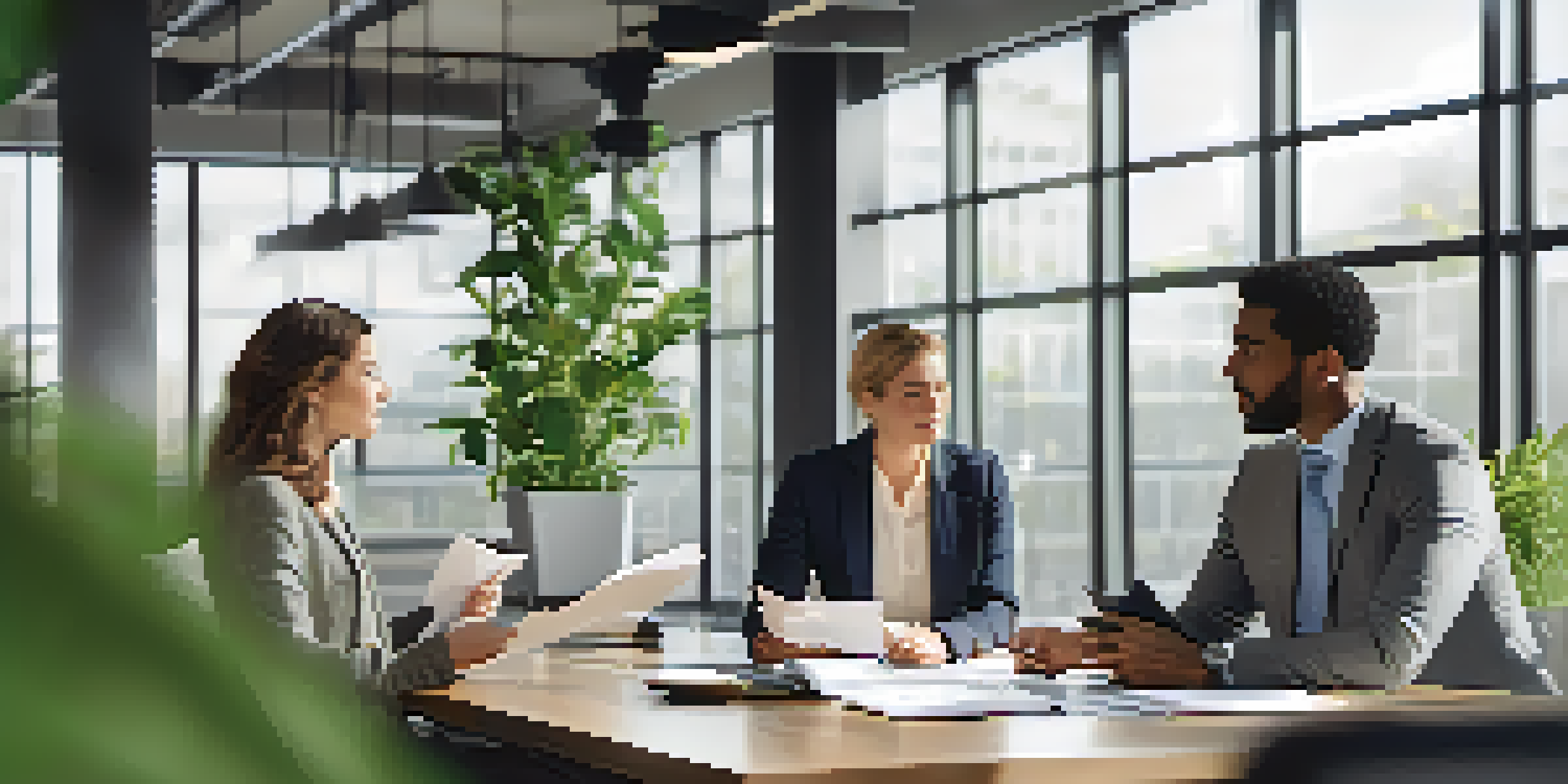 A diverse group of professionals discussing in a well-lit office workspace with plants and a modern aesthetic.