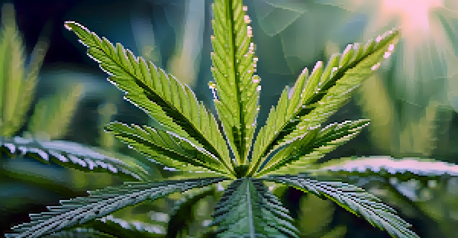 A close-up of a cannabis plant with dew on its leaves in a blurred garden background.