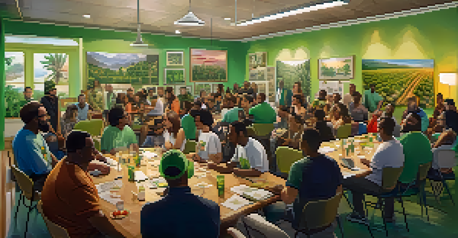 A diverse group of people attending a cannabis entrepreneurship workshop in a bright room filled with posters.