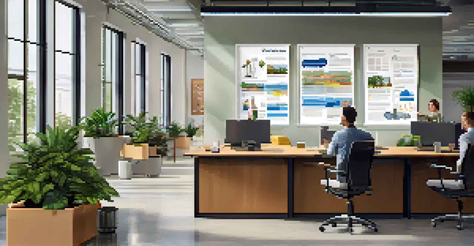 An open office space featuring a safety poster about impairment testing policies, with employees discussing its content.