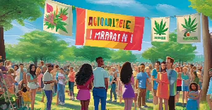 A diverse group of people in a park holding signs advocating for marijuana legalization, with a sunny sky and trees in the background.