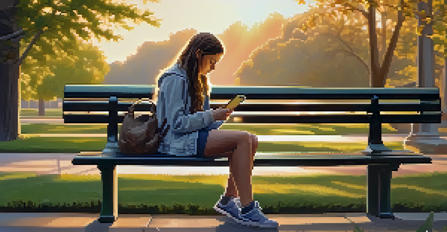 A thoughtful teenager sitting on a park bench, scrolling through their phone in a serene outdoor setting.