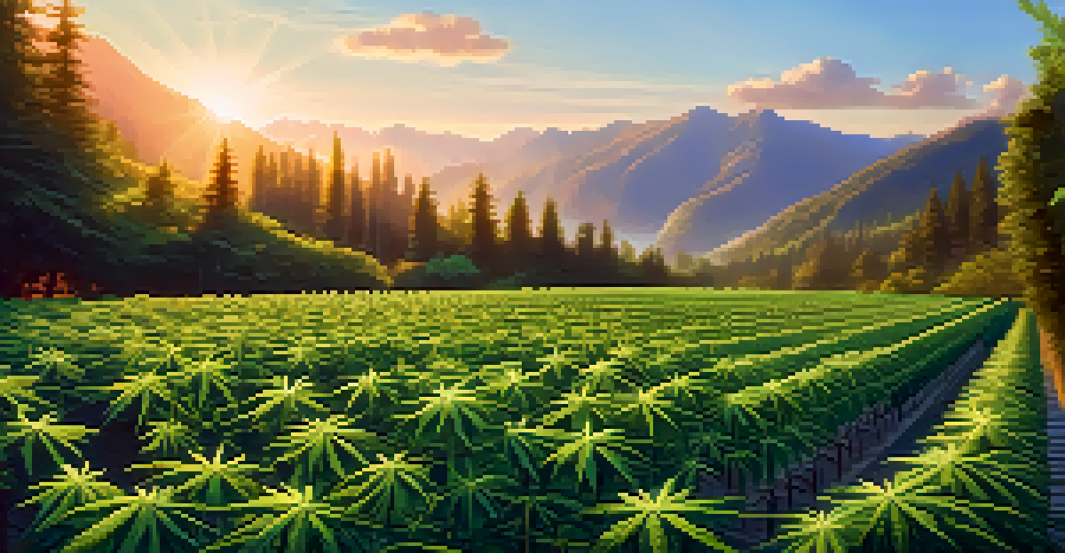 A serene outdoor cannabis cultivation site with plants illuminated by warm sunlight.