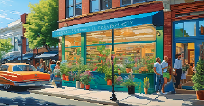 A bustling urban street with a modern cannabis dispensary featuring glass windows and colorful signage, surrounded by greenery and flowers under a clear sky.