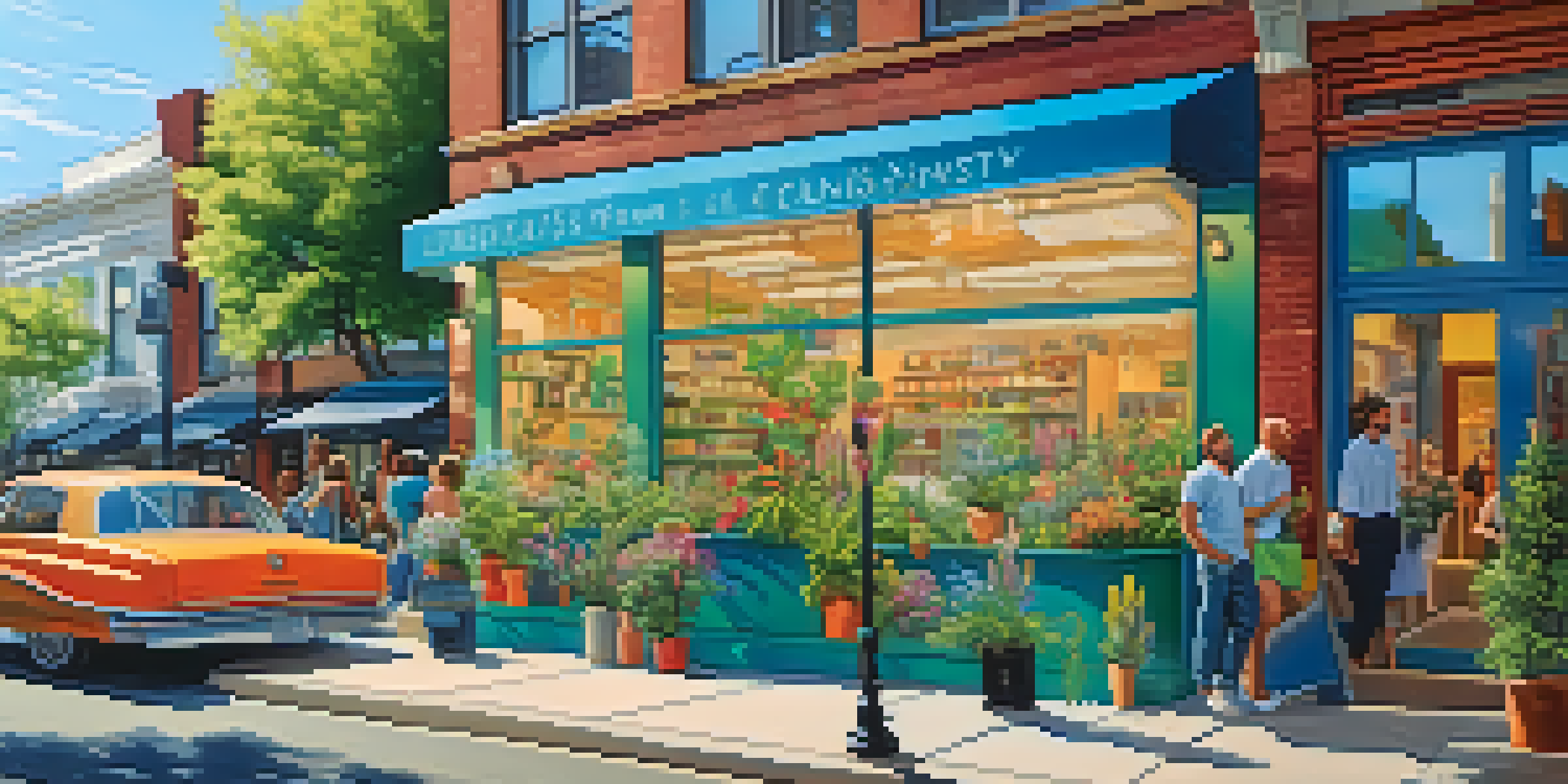 A bustling urban street with a modern cannabis dispensary featuring glass windows and colorful signage, surrounded by greenery and flowers under a clear sky.