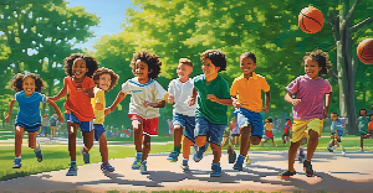 Children of diverse backgrounds playing sports in a sunny park, enjoying their time together.