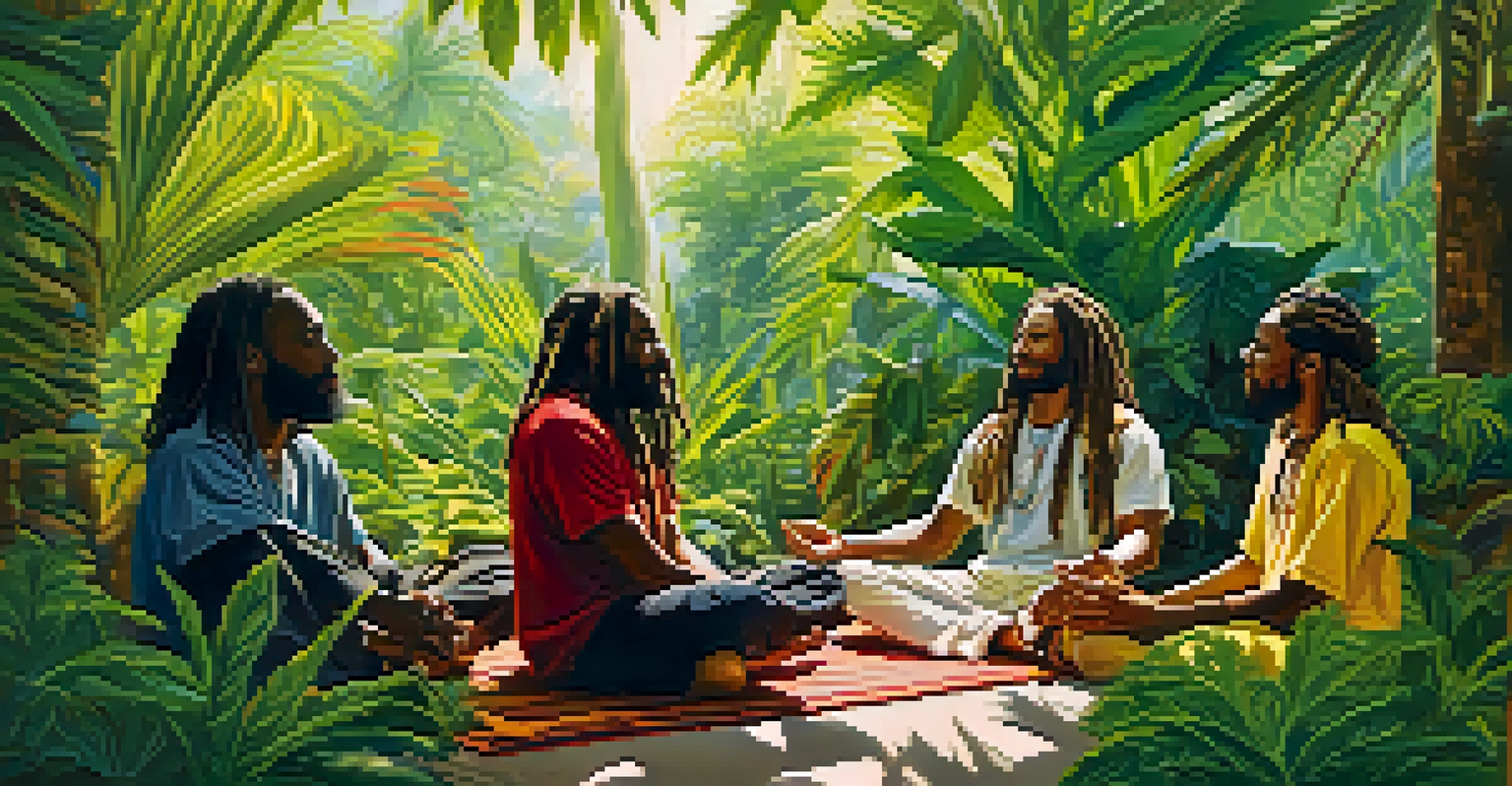 A colorful depiction of a Rastafarian group meditating in a tropical garden with cannabis plants, illuminated by sunlight through the trees.