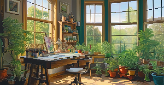 An artist in a colorful studio, painting on a canvas with cannabis plants in decorative pots, bathed in warm light.