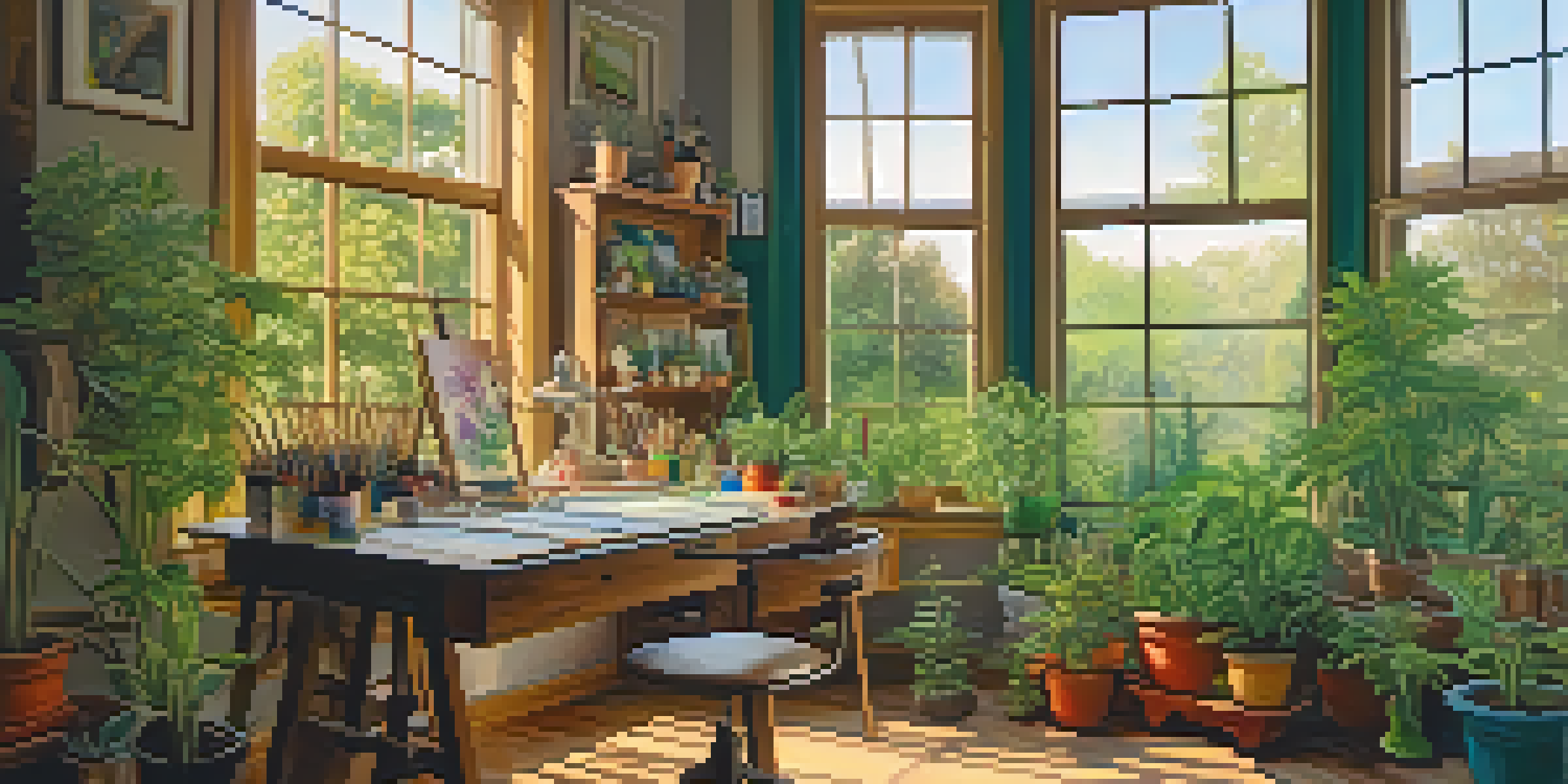 An artist in a colorful studio, painting on a canvas with cannabis plants in decorative pots, bathed in warm light.