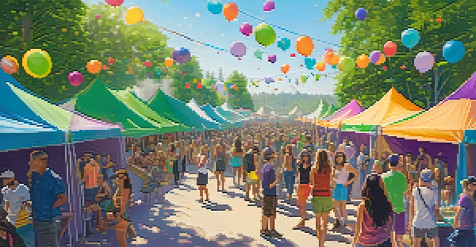 A lively outdoor festival celebrating cannabis culture with colorful tents, diverse attendees, and live music.