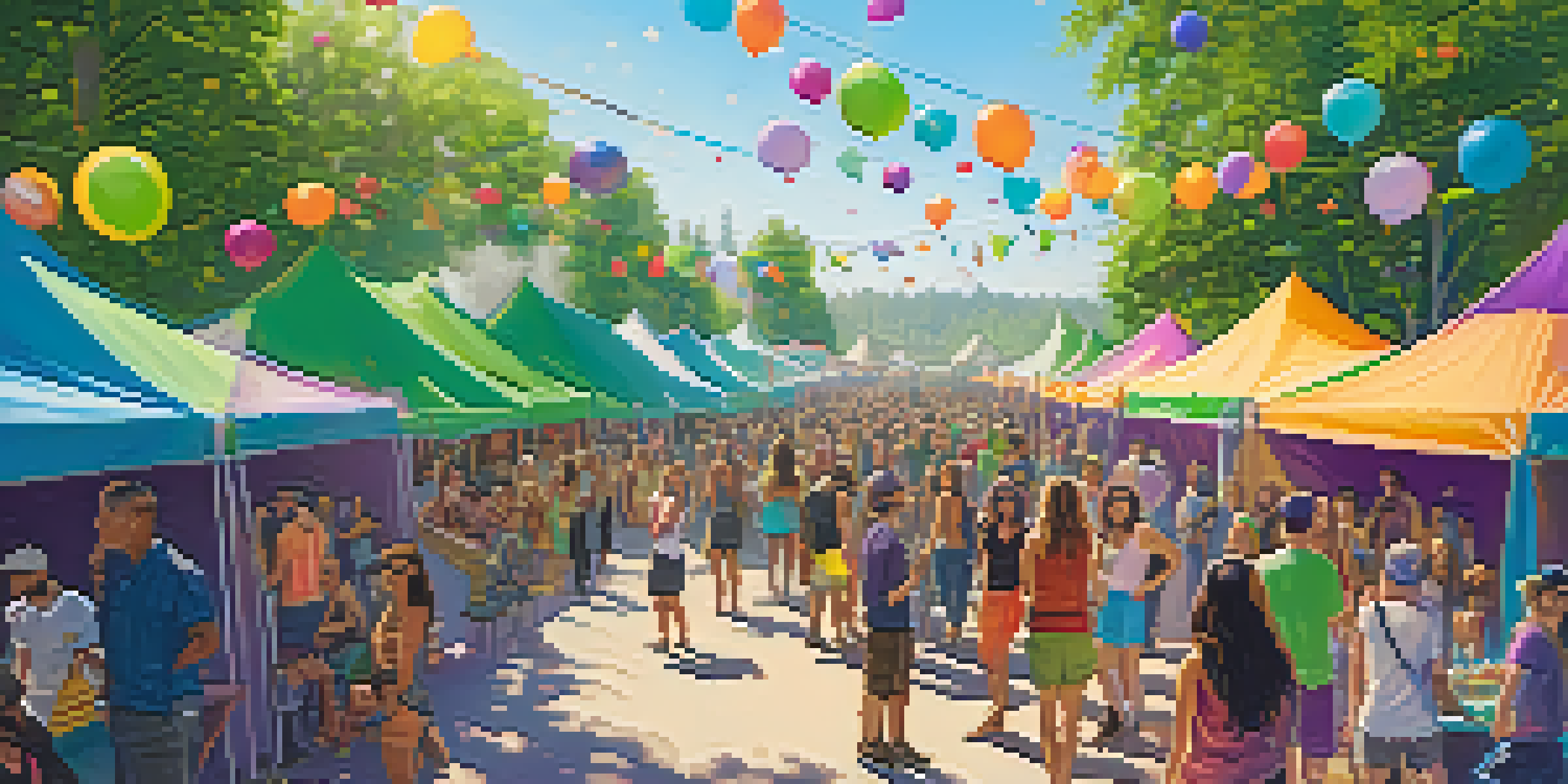 A lively outdoor festival celebrating cannabis culture with colorful tents, diverse attendees, and live music.