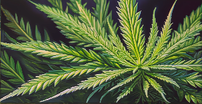 A close-up image of a cannabis plant with detailed green leaves and trichomes, illuminated by soft sunlight.