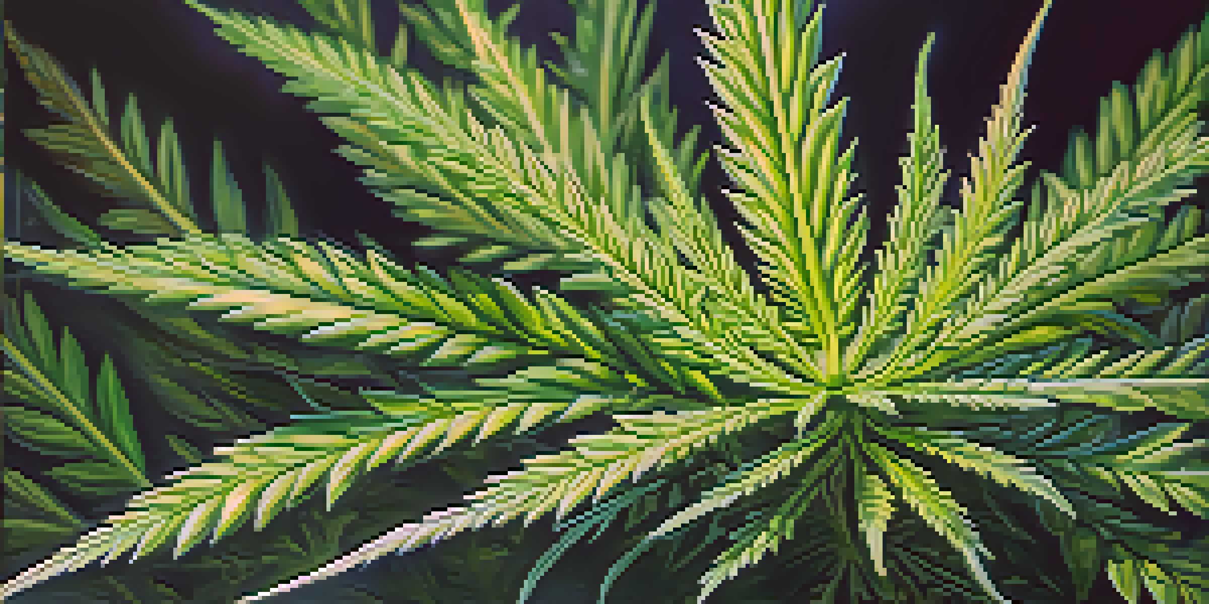 A close-up image of a cannabis plant with detailed green leaves and trichomes, illuminated by soft sunlight.