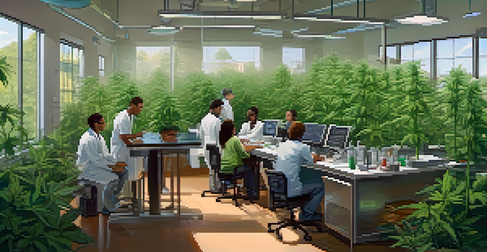 A diverse group of researchers collaborating in a bright laboratory focused on marijuana research, surrounded by scientific equipment and cannabis plants.
