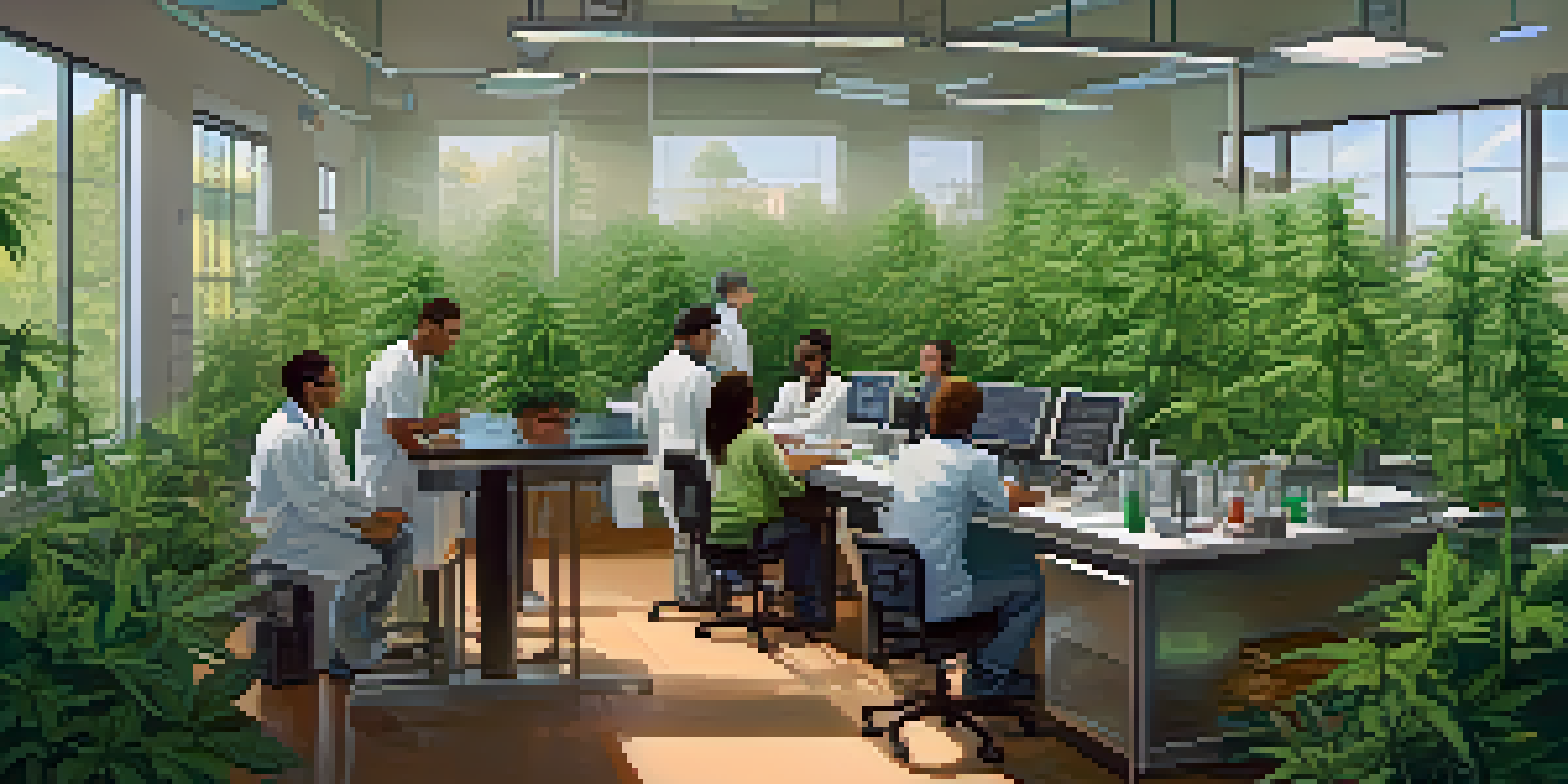 A diverse group of researchers collaborating in a bright laboratory focused on marijuana research, surrounded by scientific equipment and cannabis plants.