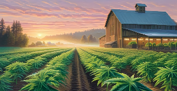 A peaceful cannabis farm at dawn with green plants and a colorful sky.