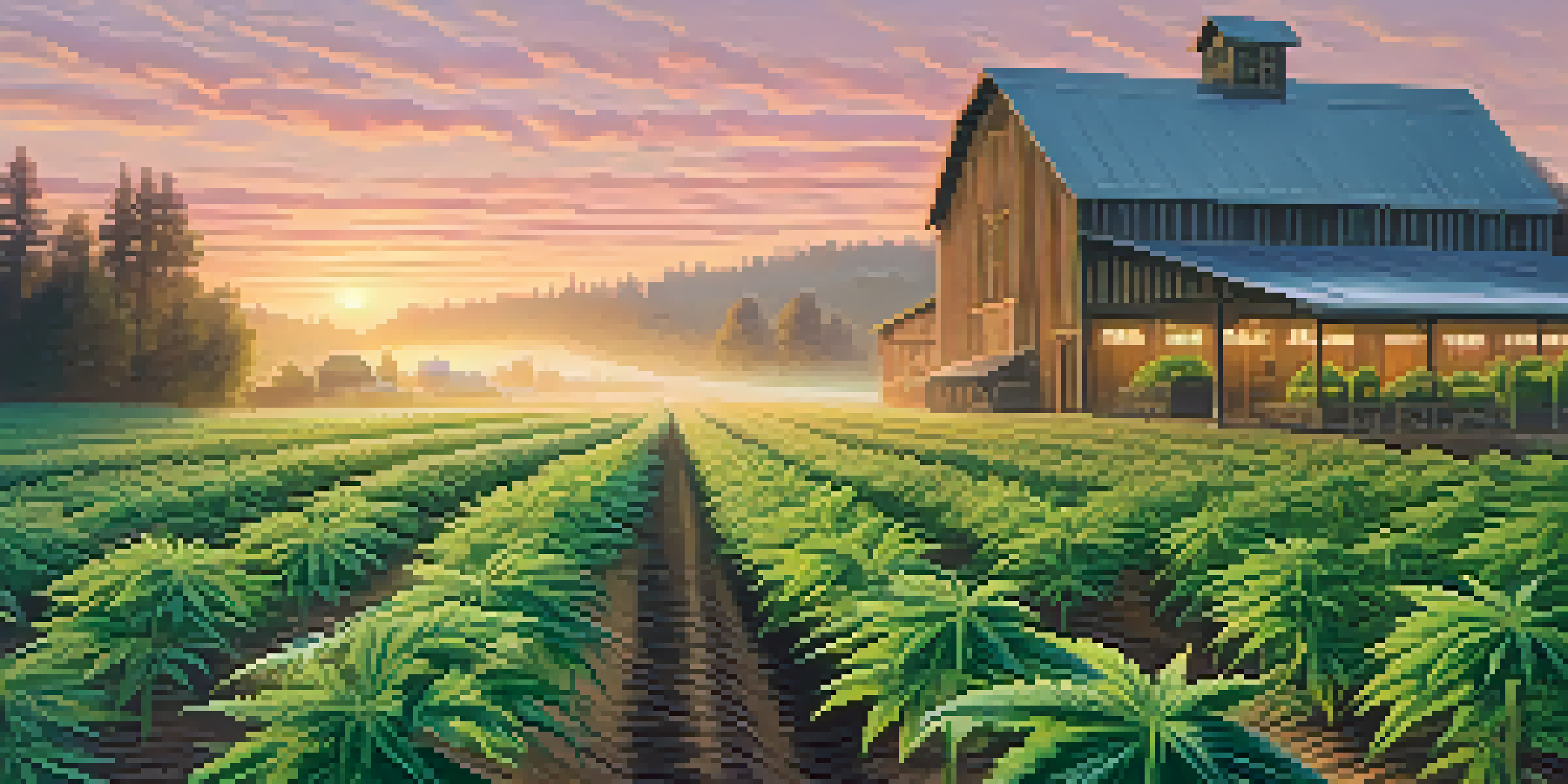 A peaceful cannabis farm at dawn with green plants and a colorful sky.