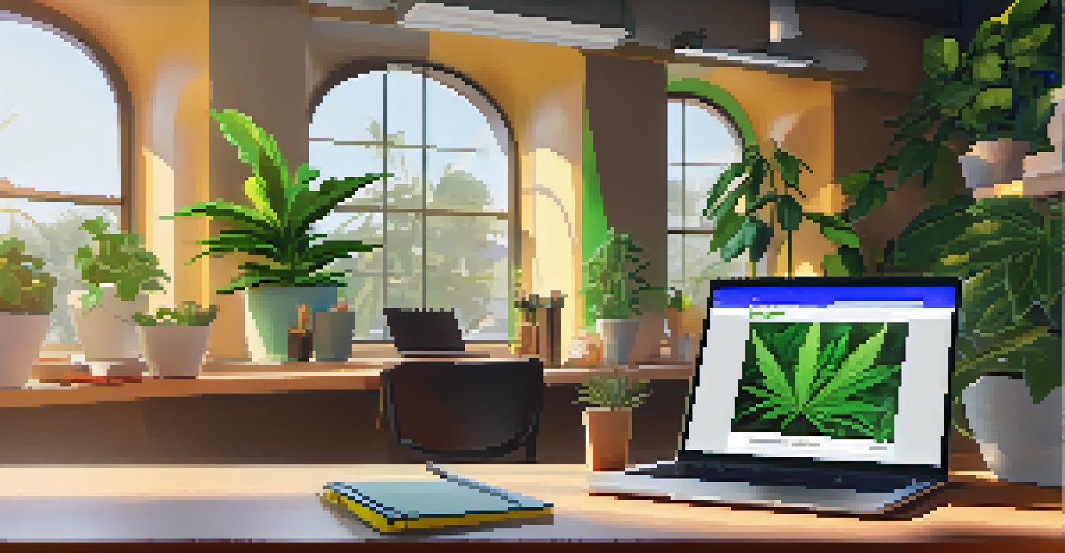 A laptop on a desk showing a webinar about marijuana education, surrounded by cannabis plants and sunlight.
