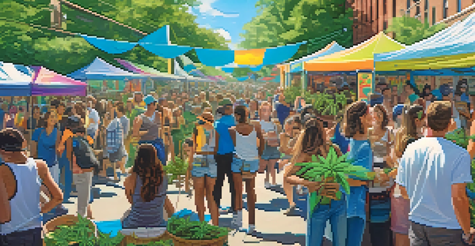 A lively community festival with colorful booths and diverse people celebrating cannabis culture under a bright blue sky.