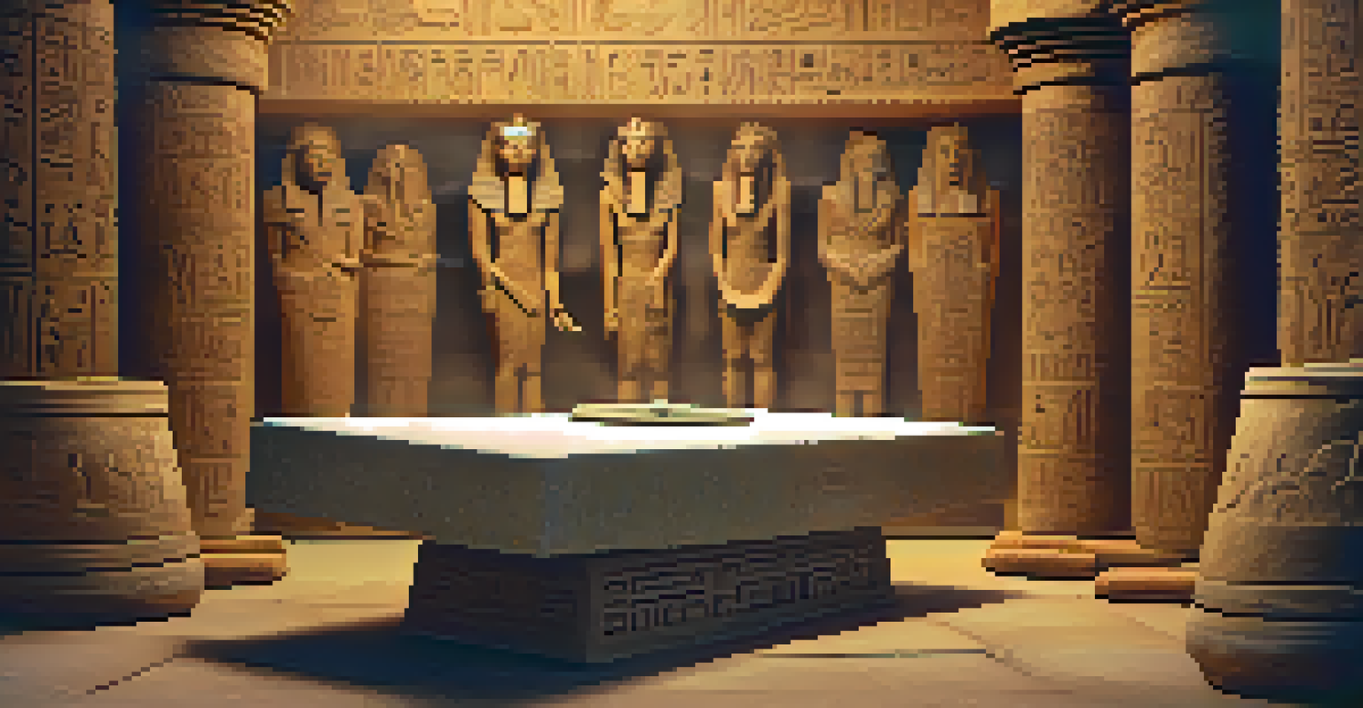 An ancient Egyptian burial site with carvings showing cannabis use in rituals, featuring an altar with offerings.