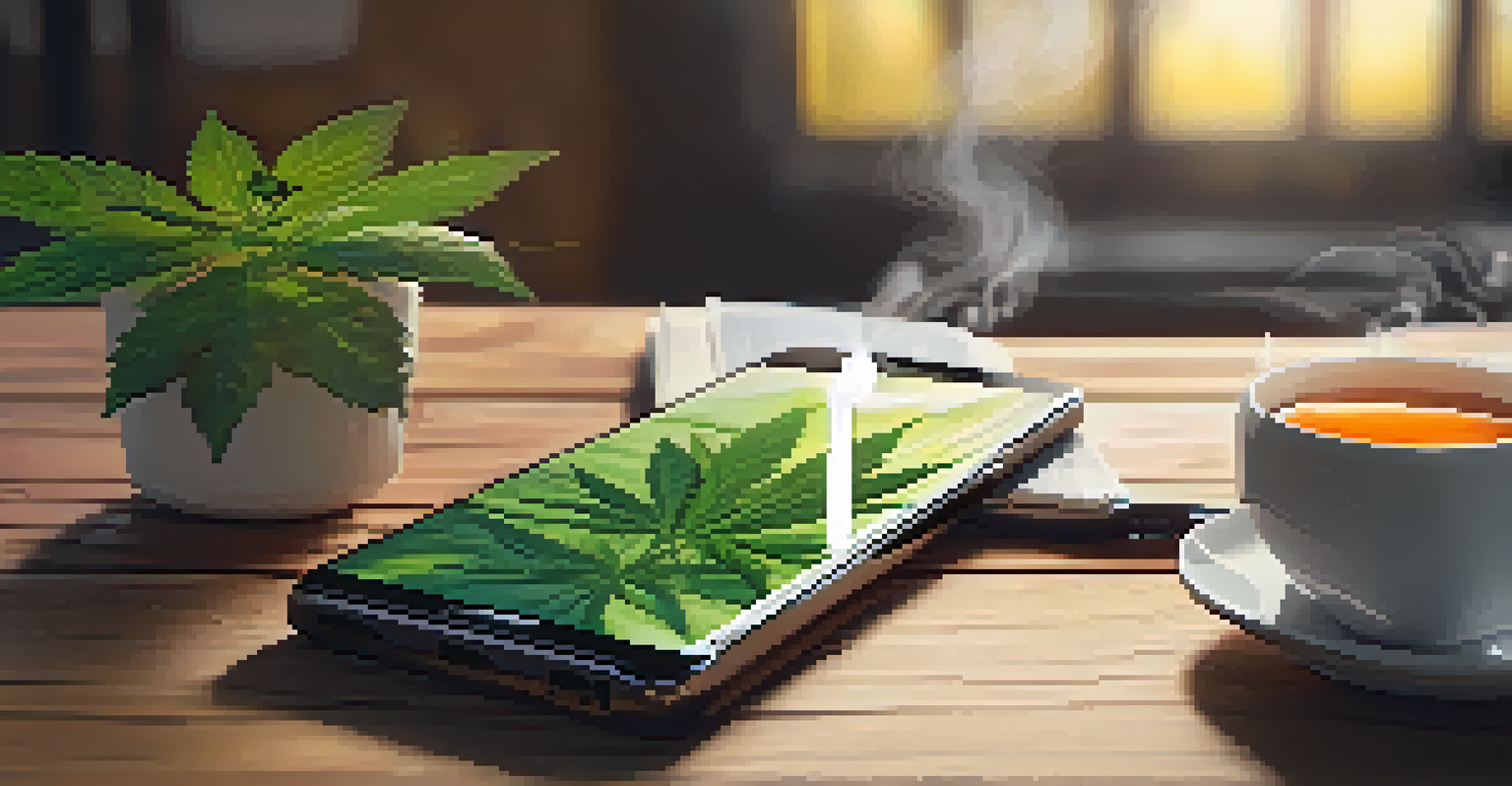A close-up of a smartphone displaying a cannabis podcast episode on a rustic wooden table with a cup of tea and a small cannabis plant.