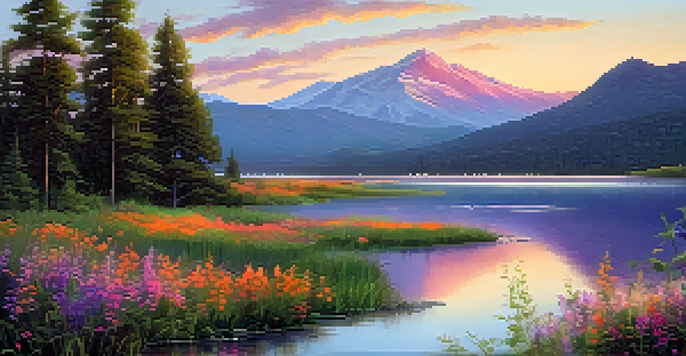 A beautiful sunset over a calm lake, with vibrant colors reflecting on the water and lush greenery in the foreground.
