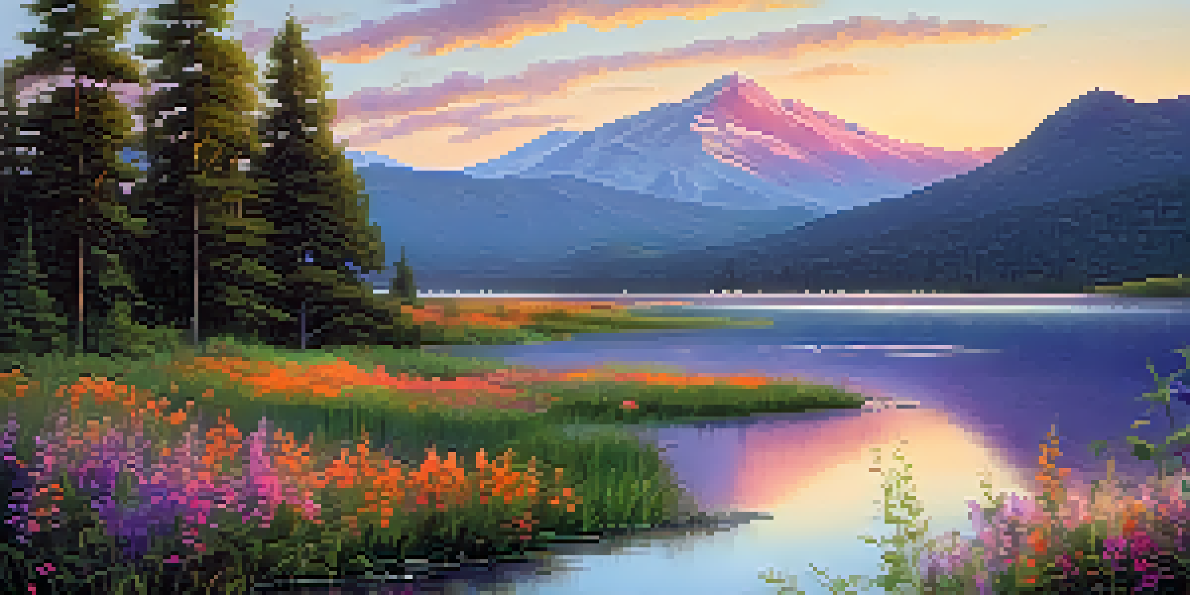A beautiful sunset over a calm lake, with vibrant colors reflecting on the water and lush greenery in the foreground.